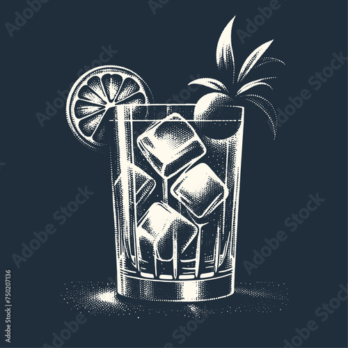 Cocktail Glass decorated with Lemon slice. Vintage woodcut engraving stipple style vector illustration.