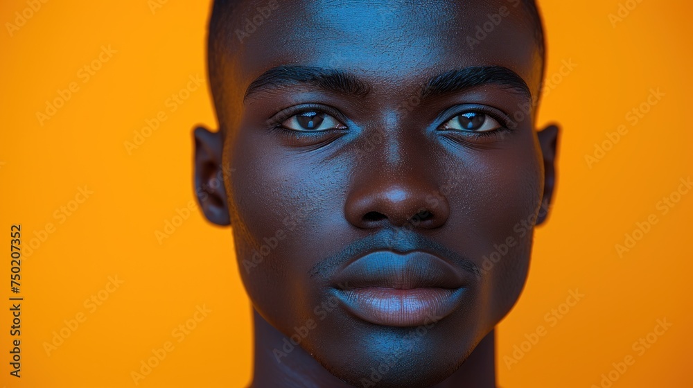 a close up of a man's face with a blue glow on his face and a yellow background with a black man's head in the foreground. a close up of a man's face with a blue glow on his face and a yellow background with a black man's head in the foreground.