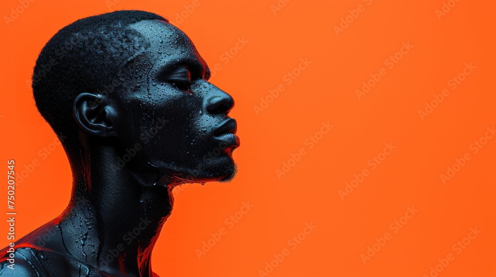 a woman with black paint on her face and body, against a bright orange background, with her head tilted to the side of the camera and her head to the side. a woman with black paint on her face and body, against a bright orange background, with her head tilted to the side of the camera and her head to the side.