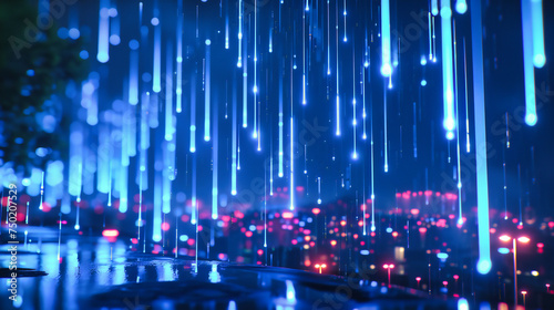 Blue Tech Rain: Futuristic Lights in Motion, Symbolizing Data Flow and Digital Connectivity in a Modern World