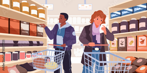 Man and woman standing in aisle between shelves to select food products from list and buy, perspective view of store interior cartoon vector illustration. Shopping at grocery