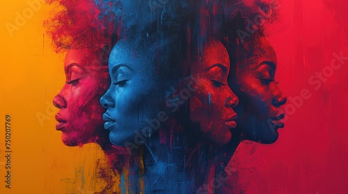  a painting of three women's heads with different colors on a yellow, red, blue, and orange background, with one woman's face partially obscured by the other.