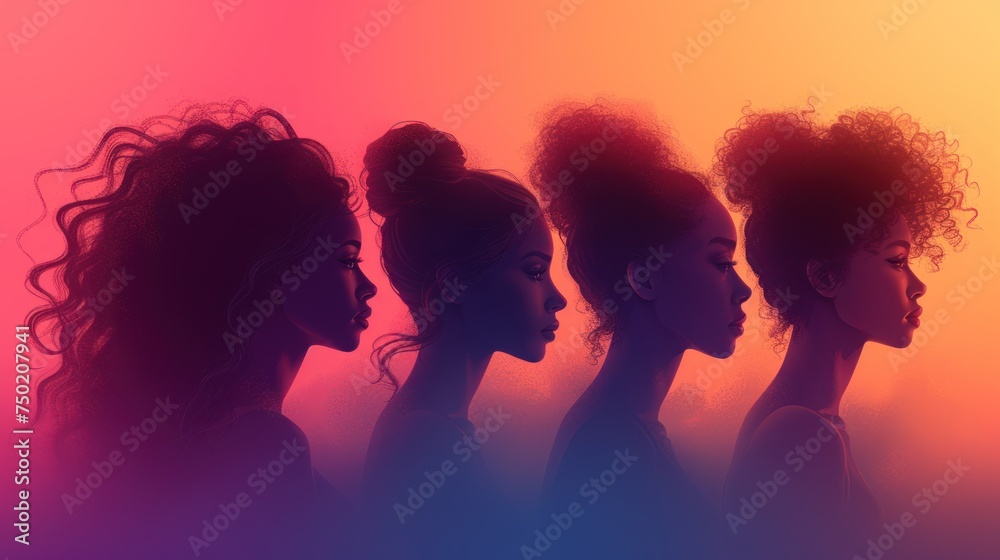  a group of women standing next to each other in front of a pink and blue and orange background with the same woman's profile in the middle of the photo.