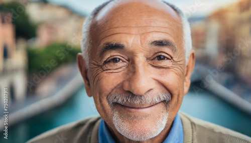 ritratto uomo anziano calvo baffi sorridente  photo