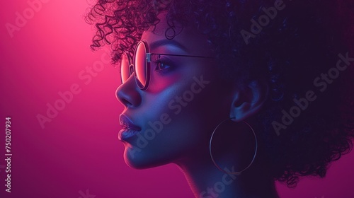  a close up of a person with a pair of glasses on their face and a pink background with a black woman with curly hair and large hoop earrings on her head.