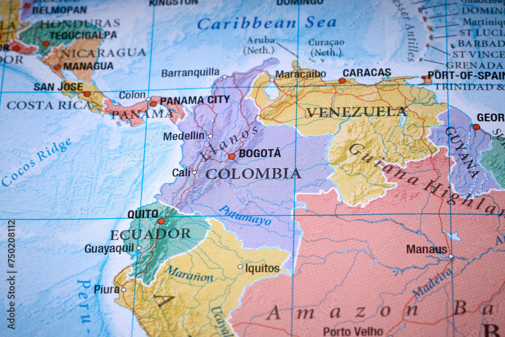 Colombia Venezuela on the world map close up - obrazy, fototapety, plakaty 