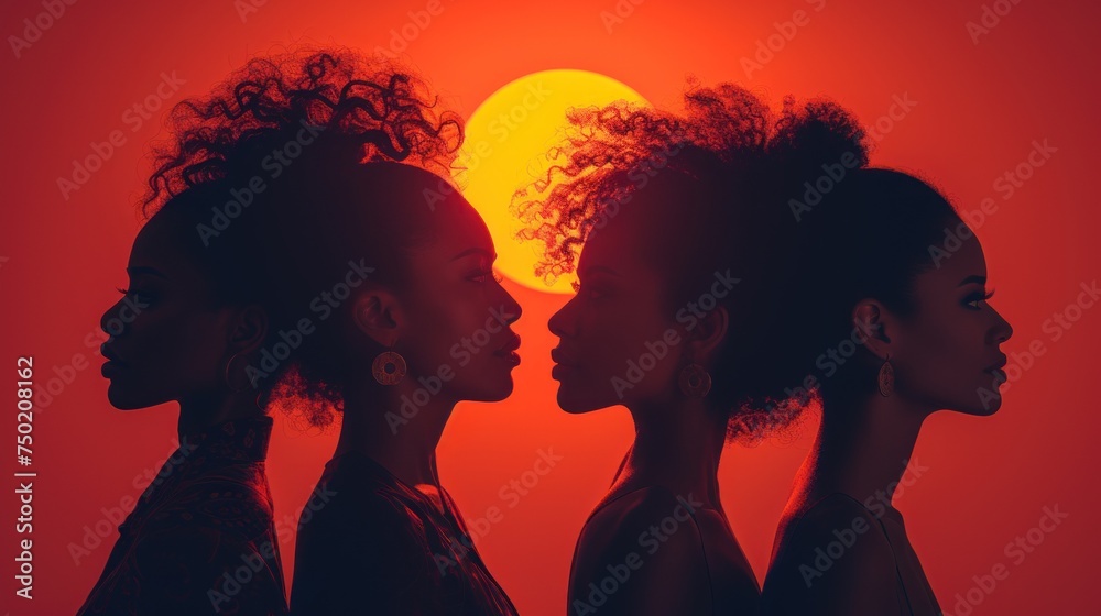  a group of three women standing next to each other in front of a red and yellow background with the sun in the background and the silhouette of the woman's head.