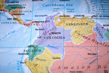 Colombia Venezuela on the world map close up