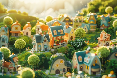 Whimsical miniature village with colorful houses and lush greenery  illuminated by warm sunlight  creating a charming and cozy scene. Concept of fantasy  imagination  and childhood dreams. 