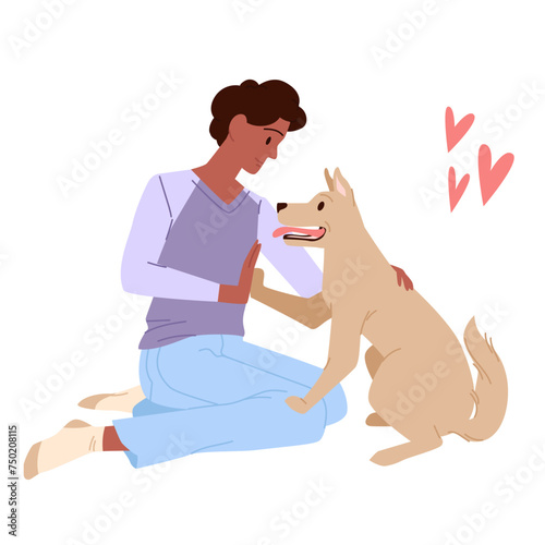 Boy and dog giving high five together among red hearts. Happy pet owner and animals making gesture of friendship, love and trust, guy training cute puppy to give paw cartoon vector illustration © Natalia
