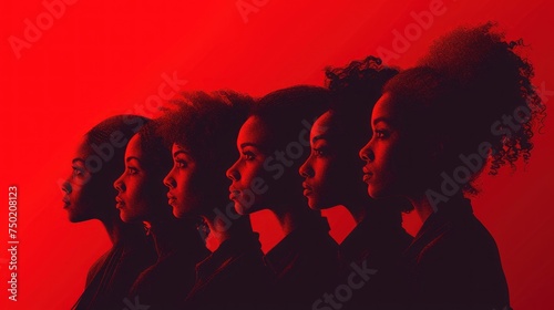  a group of women standing next to each other in front of a red background with a black woman's face in the middle of the row of the women.
