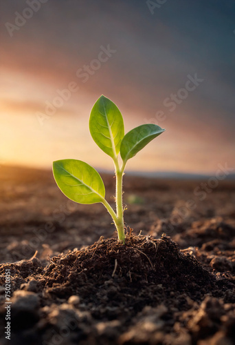 A small green plant is breaking through the soil, reaching towards the sunlight. The plant shows early signs of growth, with leaves forming and roots extending into the earth.