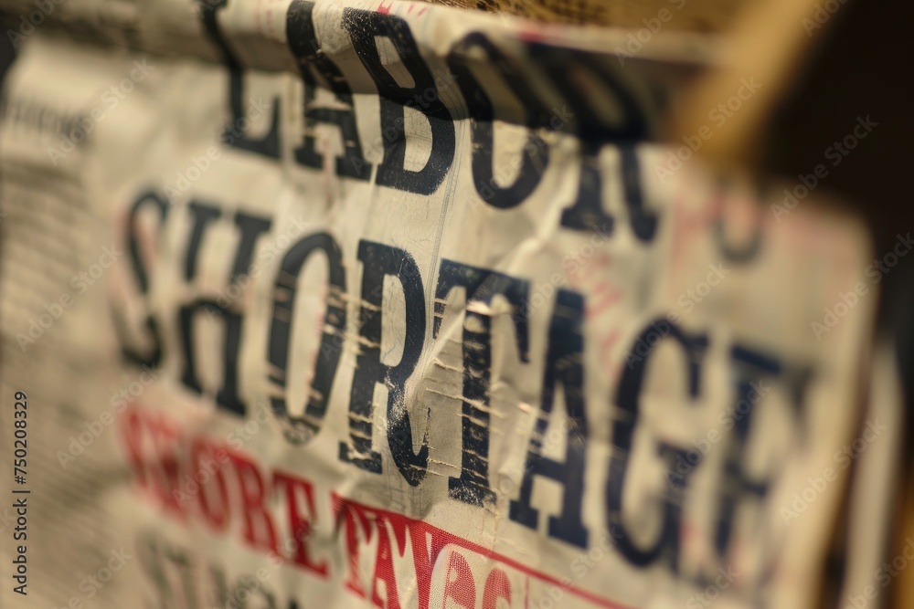 An old-looking newspaper headline reading "LABOR SHORTAGE". - obrazy, fototapety, plakaty 