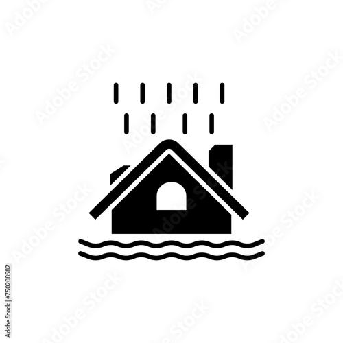 ikon rumah banjir karena hujan, rumah dalam gelombang air, tingkat kenaikan banjir, latar belakang putih - ilustrasi vektor sapuan yang dapat disunting photo