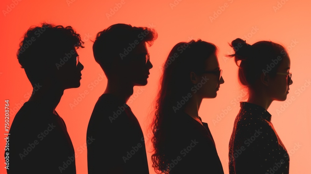  a group of people standing next to each other in front of a red and orange background with the silhouettes of three people facing each other in the same direction.