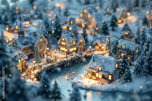 Charming winter village scene with snow-covered houses, glowing lights, and trees, creating a magical holiday atmosphere. Concept of Christmas, festivity, and warmth.
 photo