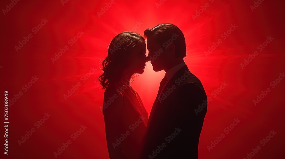  a man and a woman standing next to each other in front of a red background with the light shining through the shadow of the man and woman's head.
