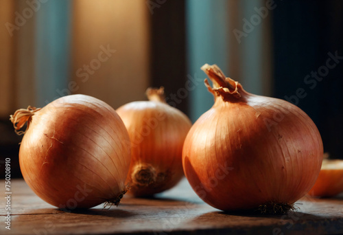 Onion on Wooden Table. An onion sits prominently on top of a sturdy wooden table, its layers and roots visible.