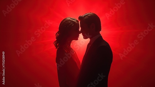  a man and a woman standing next to each other in front of a red background with the light shining through the shadow of the man and woman's head.