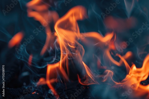 Fire flame closeup. Orange blaze and white smoke against black background. AI Generated 