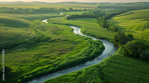  fiume tortuoso attraverso campi di grano e pascoli nel cuore del Midwest