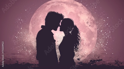  a silhouette of a man and a woman kissing in front of a full moon, with stars in the sky, in front of a pink background of a silhouette of a full moon.