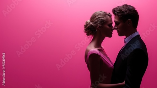  a man and a woman standing next to each other in front of a pink background with the man kissing the woman's forehead while the woman is wearing a pink dress.