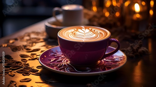 Ultraviolet Coffee with Decorative Designs and Golden Light