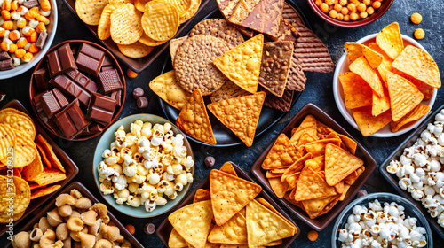 Assortment of snacks and chips, highlighting the variety and appeal of tasty yet unhealthy food options in a casual setting