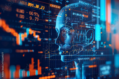 KI-gesteuerter Roboter im Close-up mit rot-blau leuchtenden Kursverläufen und Daten – Symbol für künstliche Intelligenz im Finanz- und Datenhandel