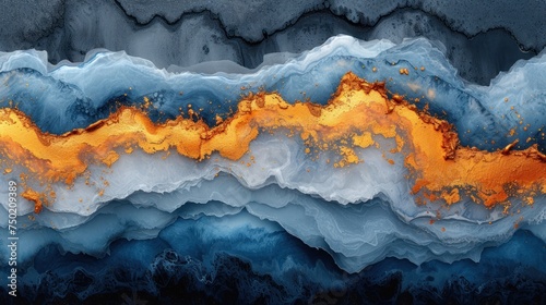  an abstract painting of blue, yellow, and white waves on a black background with gold highlights on the top and bottom of the waves and bottom of the top of the waves.