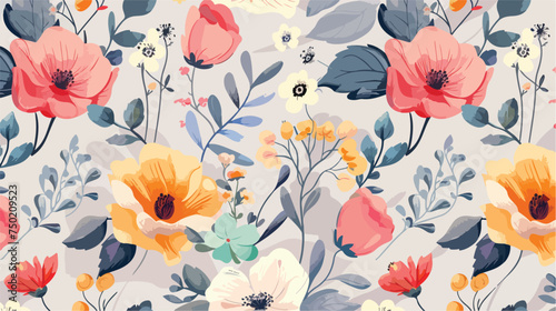 Floral seamless pattern colourful flowers on grey ba