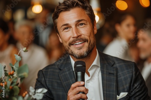 Smiling man in a formal suit speaking into a microphone at an event, surrounded by a warm ambiance and audience. Concept of public speaking, charisma, and professional engagement. 