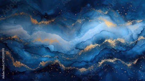  a painting of blue and gold paint with white and gold dots on the bottom of the painting and the bottom of the painting with gold dots on the bottom of the painting.