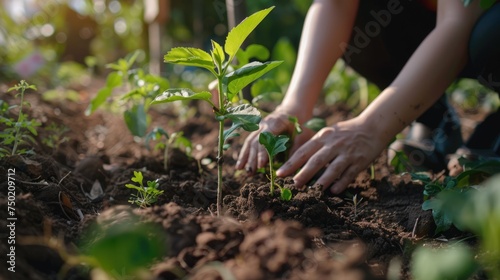 Human hands planting sprouts while working in the garden. Ecology concept. AI Generated 
