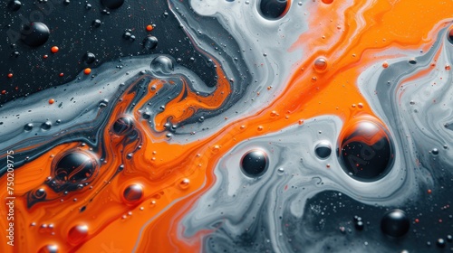  a close up view of a liquid painting with orange and black swirls and drops of water on the bottom of the image and on the bottom of the image is an orange and black background.