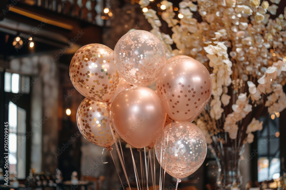 Festive pink balloons filled with glitter confetti. Generative AI