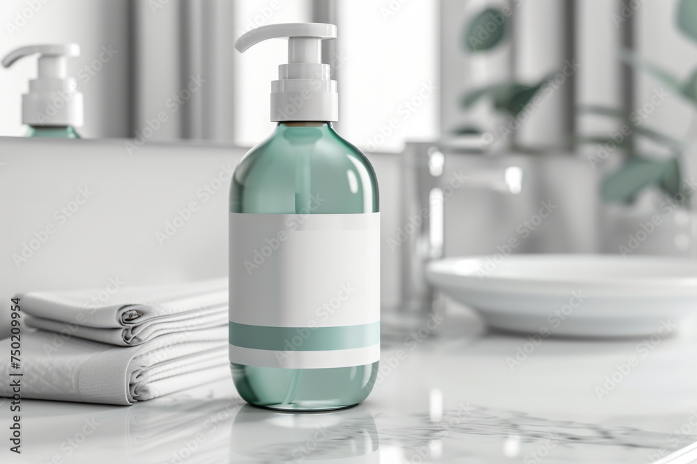 Shampoo green bottle mockup with blank label in bathroom. Minimalist style. Generative AI Shampoo green bottle mockup with blank label in bathroom. Minimalist style. Generative AI