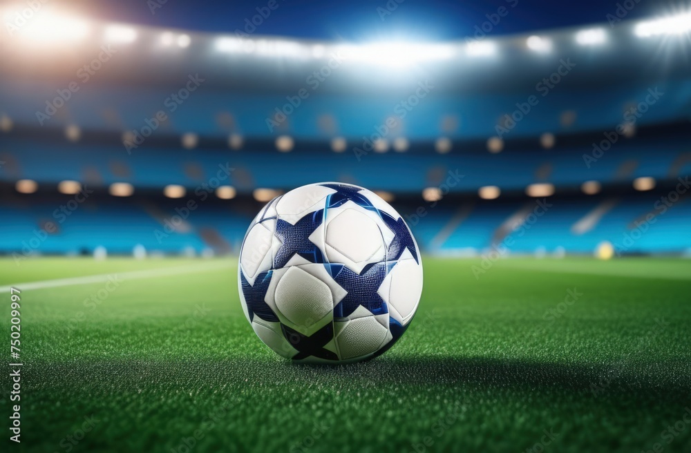 Obraz premium Soccer ball rests on grass of green field in front of majestic lit up, creating exciting atmosphere stadium. Scene captures essence of game, ready for action, excitement. Advertising, banner, print.