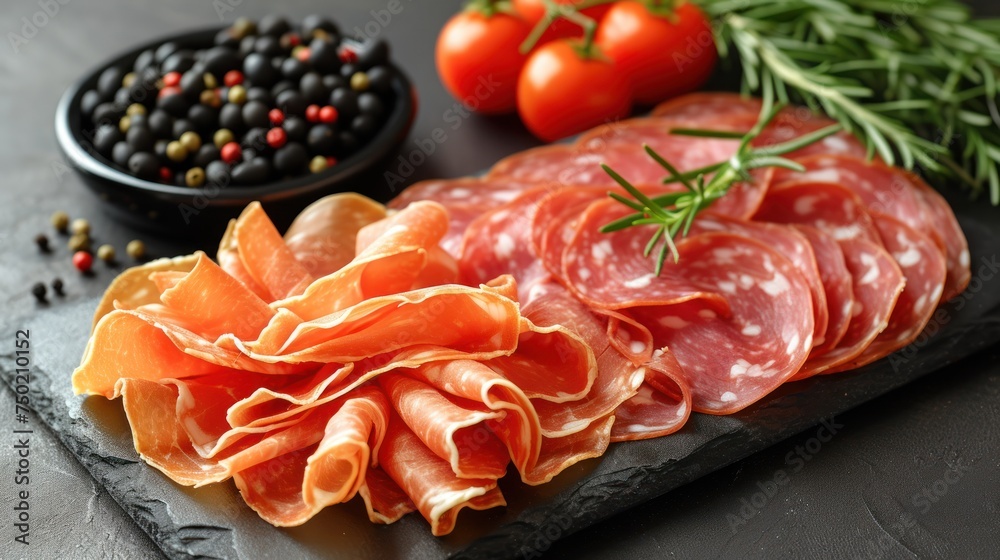 a platter of meats, olives, tomatoes, pepperoni, and pepperoni on a slate board with a bowl of black olives in the background. a platter of meats, olives, tomatoes, pepperoni, and pepperoni on a slate board with a bowl of black olives in the background.