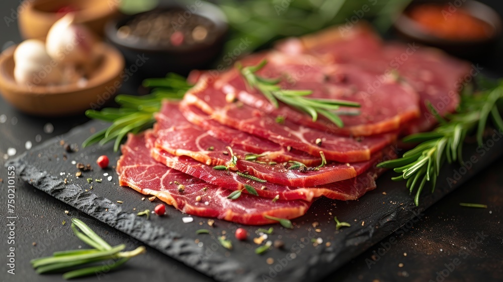  a close up of meat on a cutting board with herbs and seasonings on the side of the cutting board and a garlic and pepper sprig in the background.