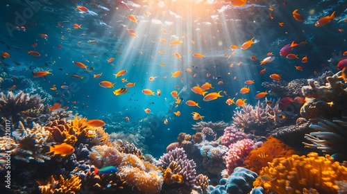 Colorful Coral Reef with Sun Rays Shining in the Background © Sittichok