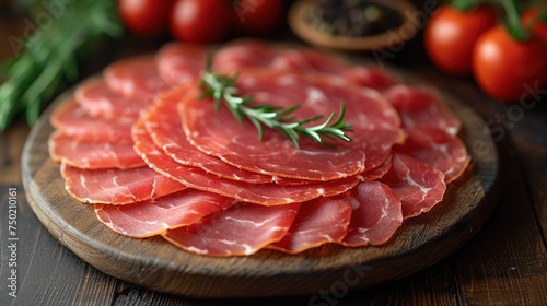  a close up of sliced meat on a wooden plate on a table with tomatoes and herbs in the background and a knife to the side of meat on the plate.