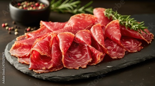  a pile of sliced meat sitting on top of a black slate platter next to a bowl of seasoning and a sprig of sprig of rosemary.