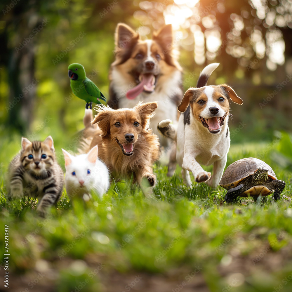 Animals run exuberantly and quickly across the field. Their movements are energetic and dynamic as they move forward with joy and eagerness. You can feel their speed and power.