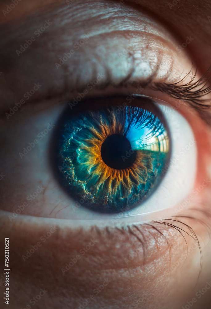 Fototapeta premium Close Up of Persons Blue Eye. Intricate details of a persons vivid blue eye, highlighting the iris, pupil, and surrounding skin. The eye is open