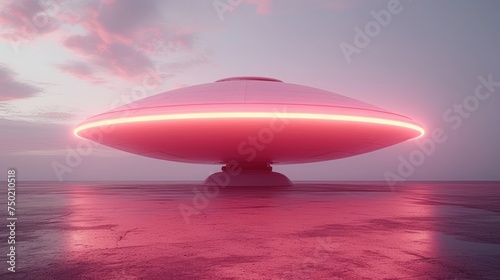  a large object in the middle of a body of water with a pink light coming out of it s center of the image and a pink sky in the background.