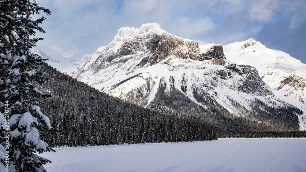 Yoho National Park, Canada - Dec. 23 2021: Frozen Emerald Lake hiding in winter forest surounded by rockies mountains in Yoho National Park