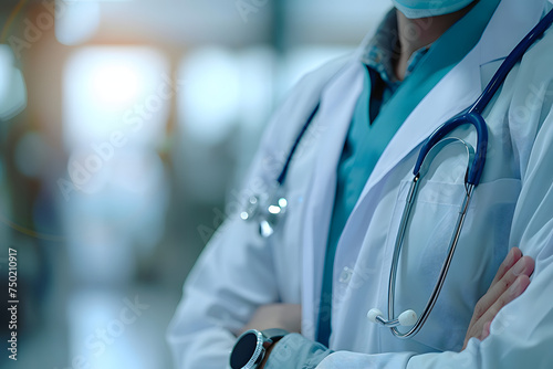 Mid section of Doctor Man With Stethoscope In Hospital, space for text, light blurred background