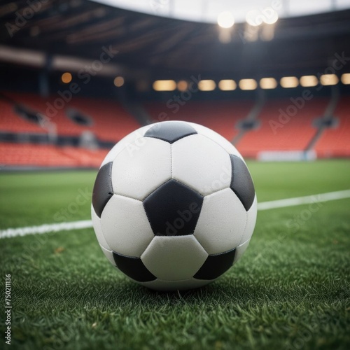 Soccer ball rests on grass of green field in front of majestic lit up, creating exciting atmosphere stadium. Scene captures essence of game, ready for action, excitement. Advertising, banner, print. © Anzelika